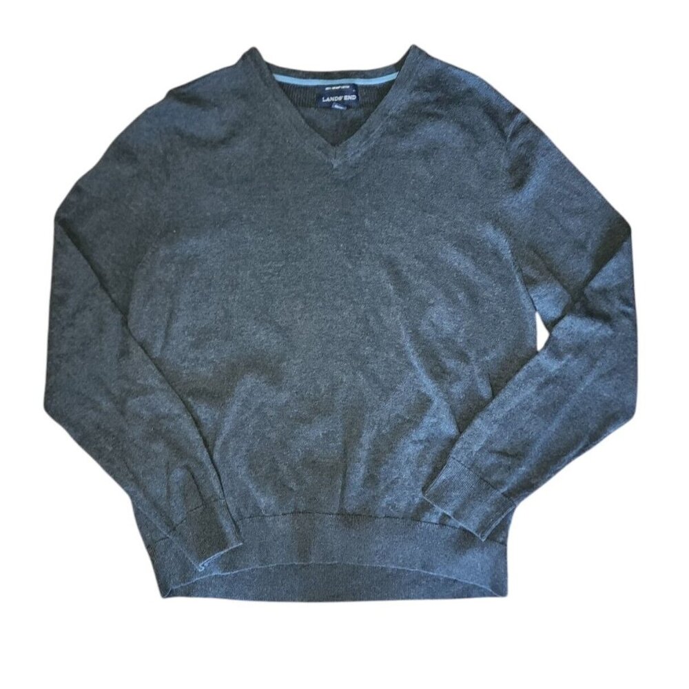 Lands End Sweater Mens Size L Large‎ Solid All Grey Gray 100% Supima Cotton